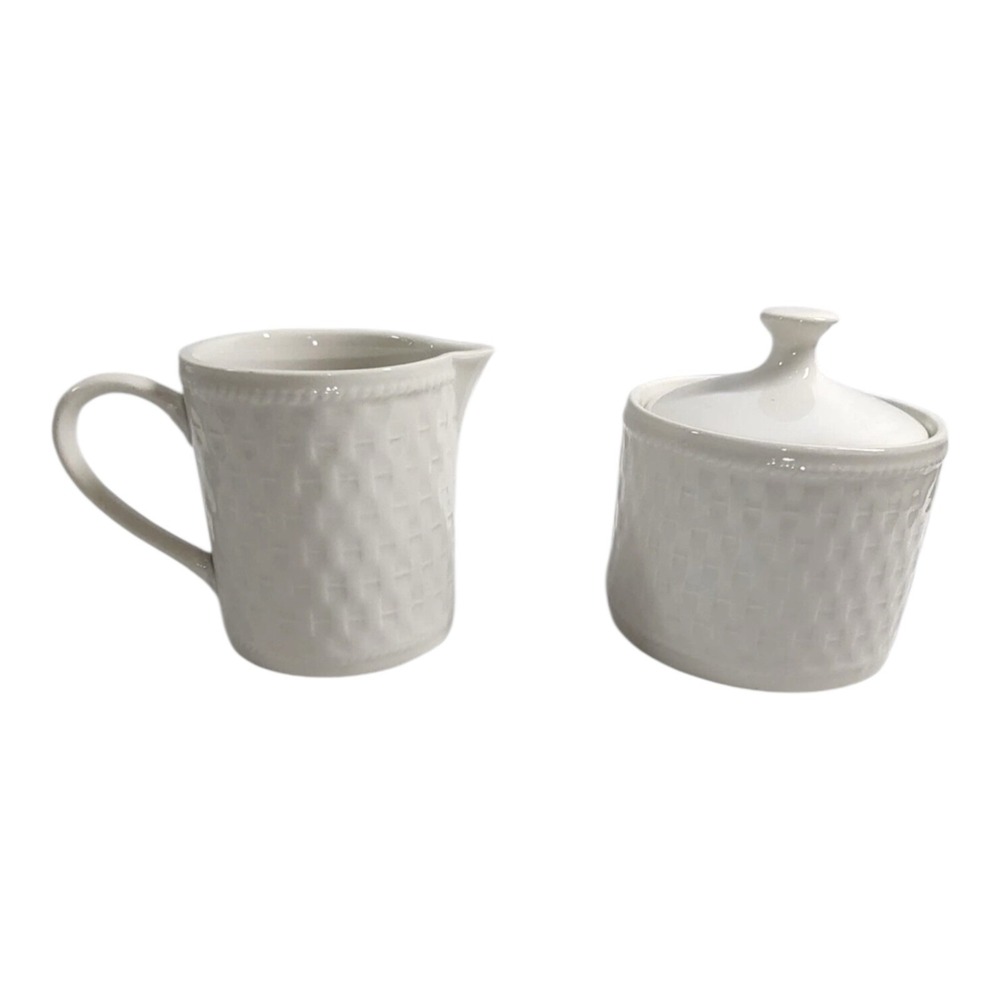 Oneida BASKET WEAVE Wicker White Creamer & Sugar Bowl